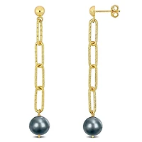 Miabella Dyed Grey Freshwater Cultured Pearl 18k Yellow Gold Plated Sterling Silver Oval Link Fancy Chain Earrings