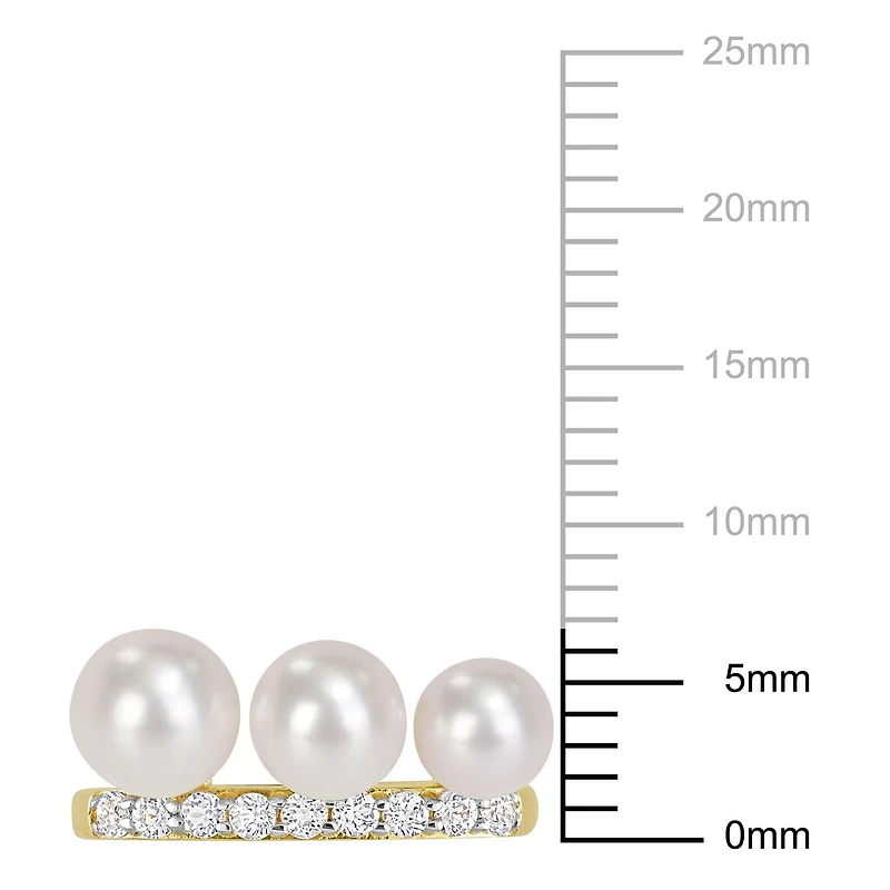 Miabella Cultured Freshwater Pearl and 3/8 Carat T.G.W. White Topaz Yellow Gold Flash Plated Sterling Silver 3-Stone Ring