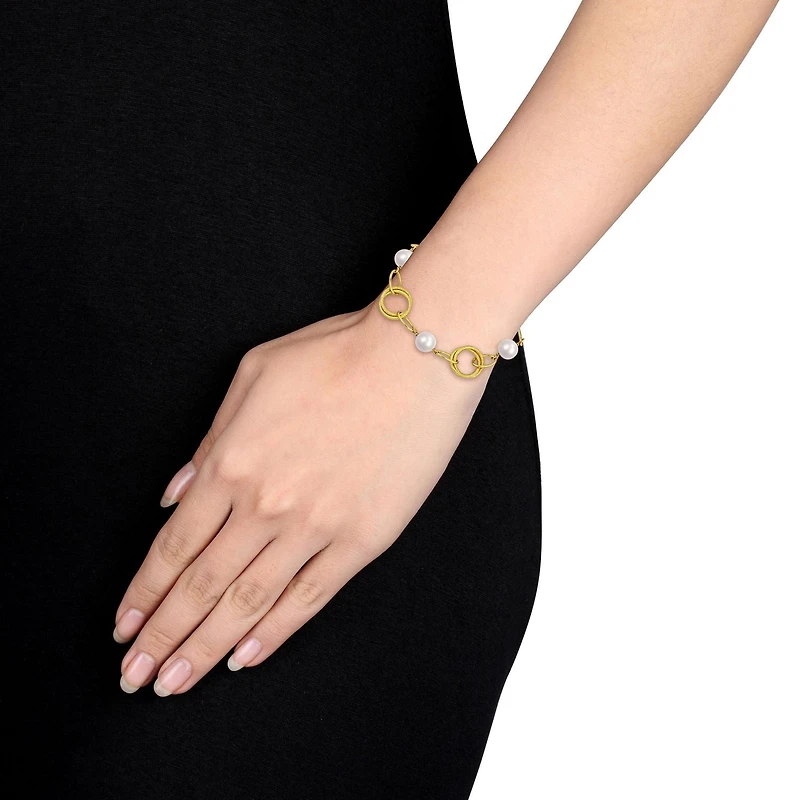Miabella Cultured Freshwater Pearl Yellow Gold Flash Plated Sterling Silver Oval Link Fancy Chain Bracelet