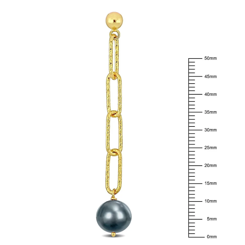 Miabella Dyed Grey Freshwater Cultured Pearl 18k Yellow Gold Plated Sterling Silver Oval Link Fancy Chain Earrings