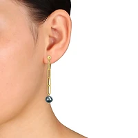 Miabella Dyed Grey Freshwater Cultured Pearl 18k Yellow Gold Plated Sterling Silver Oval Link Fancy Chain Earrings