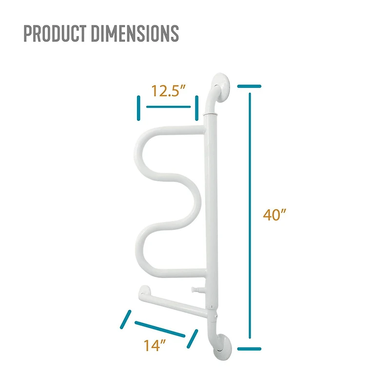 Stander Curve Bathroom Grab Bar for Seniors, Wall Mounted Shower Bar, White