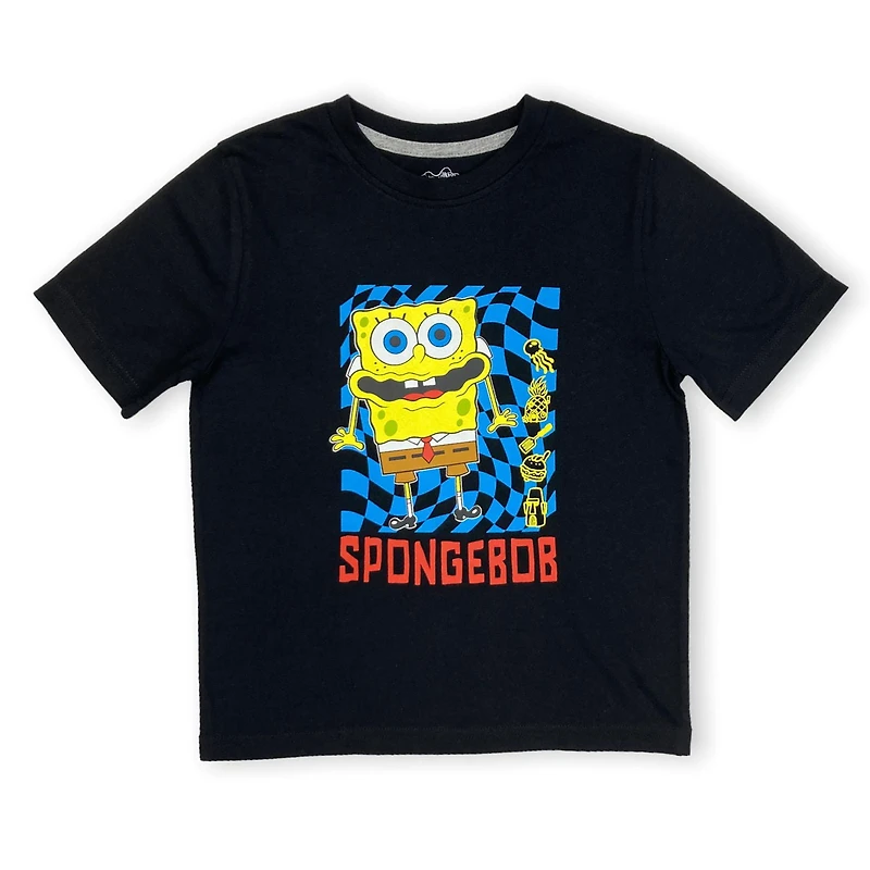 Sponge Bob Boy's basic tee shirt. This boys crew neck tee shirt has short sleeves and a trendy print and