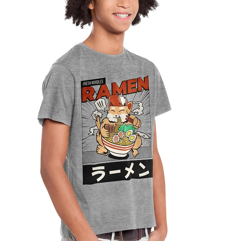 Ramen Boy's basic tee shirt. This boys crew neck tee shirt has short sleeves and a trendy print and, Sizes XS to XL