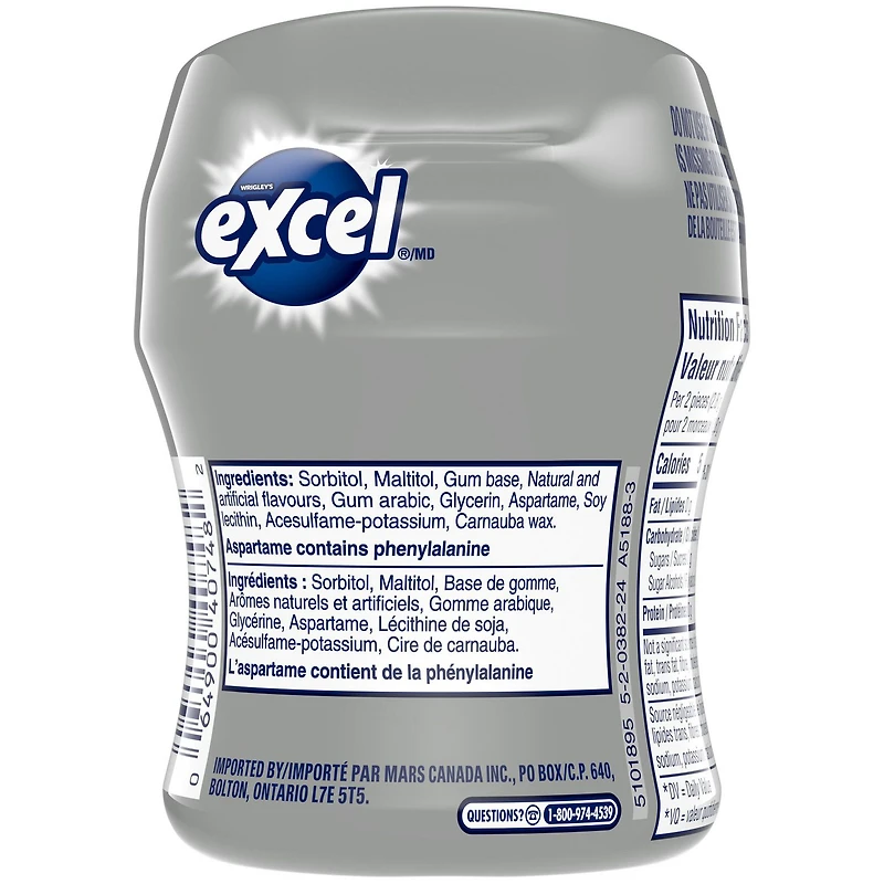 EXCEL, Polar Ice Flavoured Sugar Free Chewing Gum, 60 Pieces, 1 Bottle, 1 Bottle, 60 Pellets