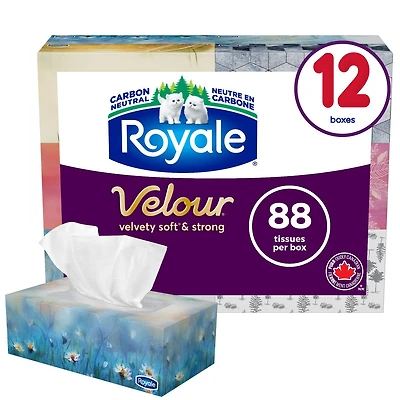 Royale Velour Facial Tissue, 12 Flat Boxes, 88 Tissues per box