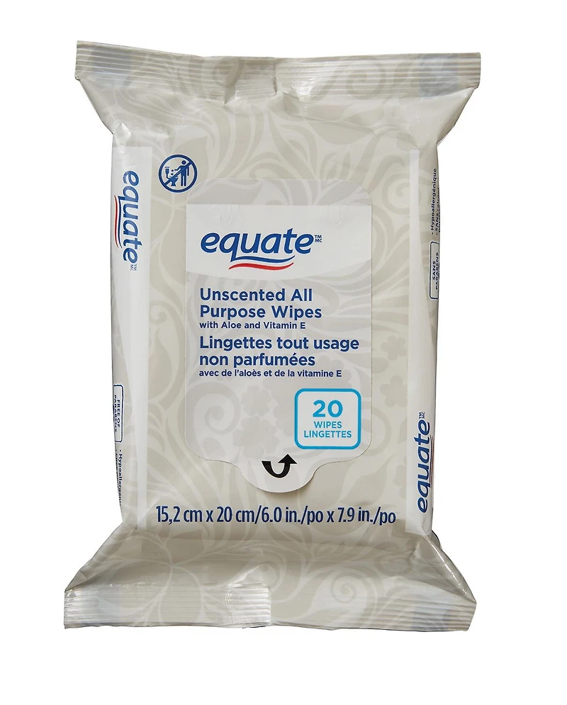 Lingettes tout usage Equate non parfumées 20 lingettes