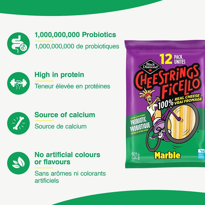Black Diamond Marble Cheese Probiotic Cheestrings, 12 Pack, 252g
