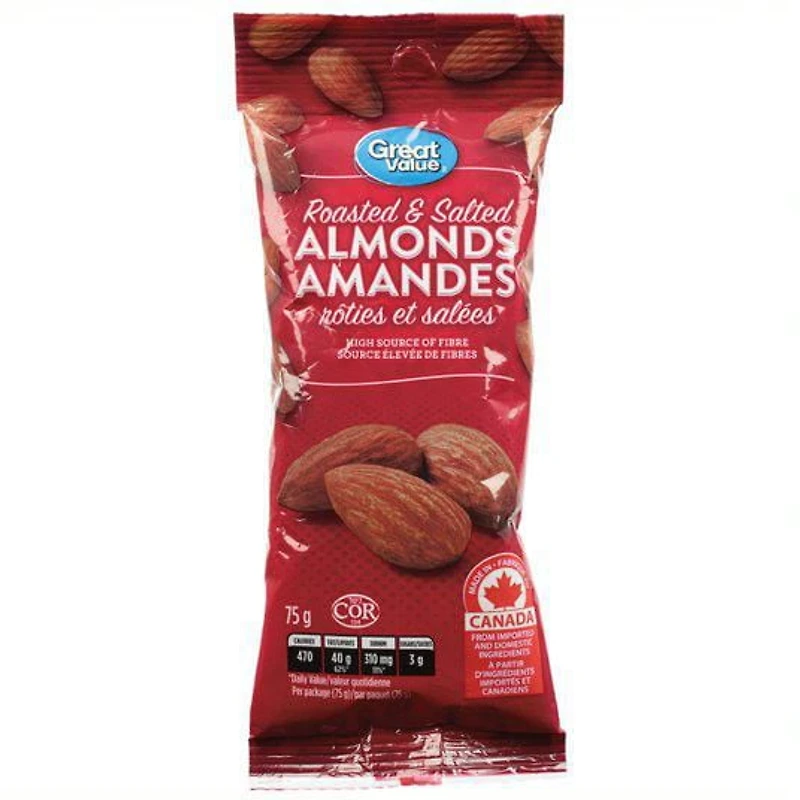 Great Value Roasted and Salted Almonds, 75 g