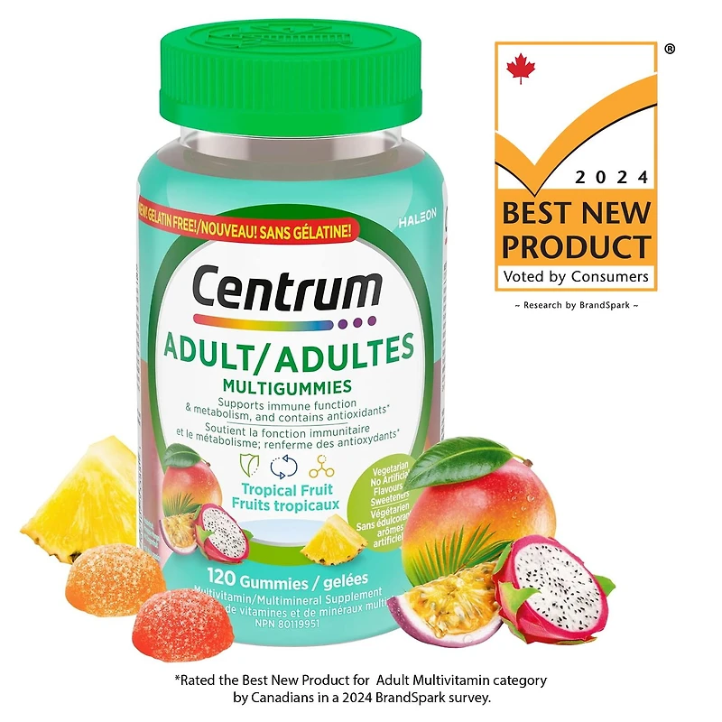 Centrum Adult MultiGummies Tropical Fruit Multivitamin and Multimineral Supplement, Pineapple-Mango, Dragonfruit, and Passionfruit Flavours, 120 Gummies