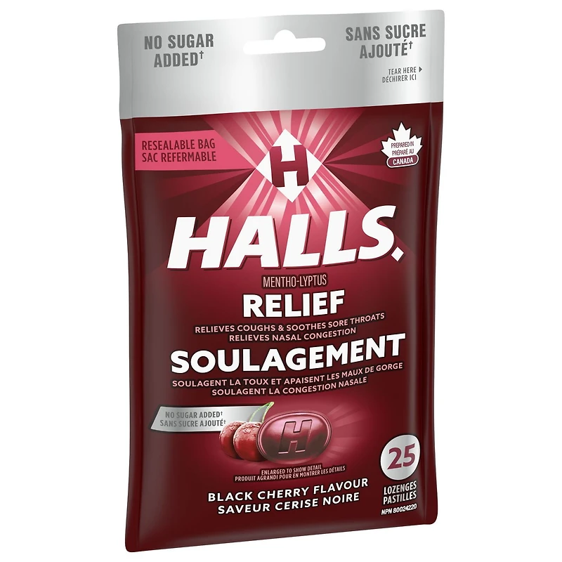 HALLS, sans sucre ajouté, pastilles à saveur de cerise noire, pastilles, apaisent le mal de gorge, mentho-lyptus 25 pastilles