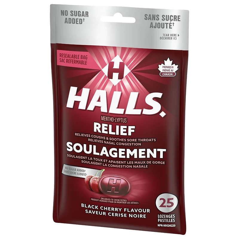HALLS, sans sucre ajouté, pastilles à saveur de cerise noire, pastilles, apaisent le mal de gorge, mentho-lyptus 25 pastilles