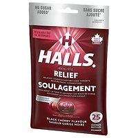 HALLS, sans sucre ajouté, pastilles à saveur de cerise noire, pastilles, apaisent le mal de gorge, mentho-lyptus 25 pastilles
