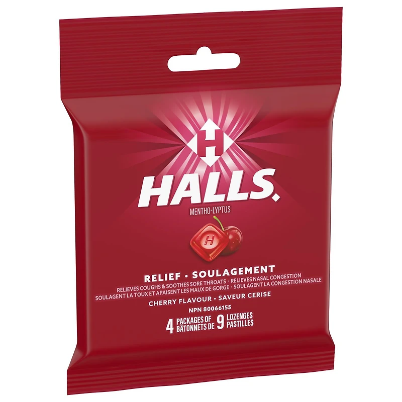 HALLS, pastilles à saveur de cerise, pastilles, apaisent le mal de gorge, mentho-lyptus 4 bâtonnets x 9 pastilles