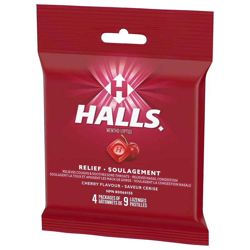 HALLS, pastilles à saveur de cerise, pastilles, apaisent le mal de gorge, mentho-lyptus 4 bâtonnets x 9 pastilles