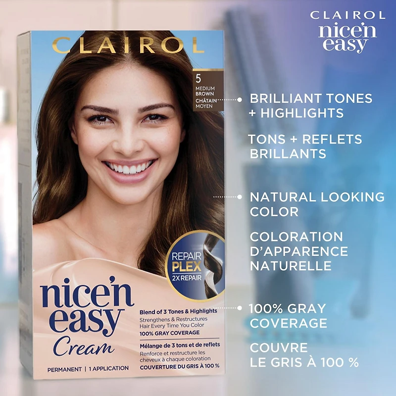 Clairol Nice'n Easy Permanent Hair Dye, 100% Gray Coverage