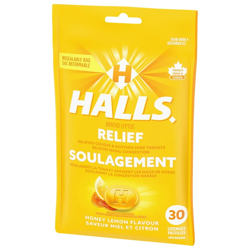 HALLS Honey Lemon Flavour Cough Drops, Throat Lozenges, Sore Throat Relief, Mentho-Lyptus, 30 Lozenges