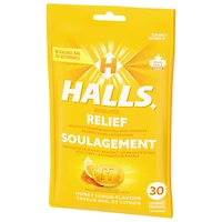 HALLS Honey Lemon Flavour Cough Drops, Throat Lozenges, Sore Throat Relief, Mentho-Lyptus, 30 Lozenges