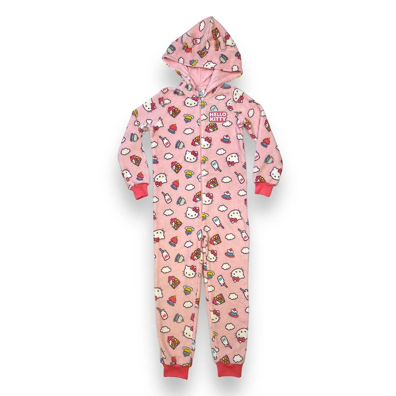 Hello Kitty Girl's plush long sleeve sleeper with hood and zipper closure and comfortable cuffs on both the wrists and ankles, to keep the onesie from riding up.