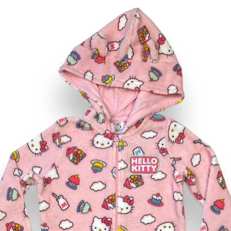 Hello Kitty Girl's plush long sleeve sleeper with hood and zipper closure and comfortable cuffs on both the wrists and ankles, to keep the onesie from riding up.