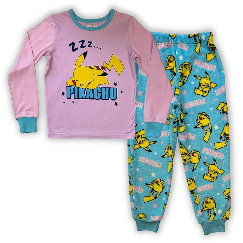 Pokemon L'ensemble de pyjama 2 pièces pour filles comprend un haut à manches longues à col rond et un pantalon assorti sur toute la longueur avec une taille élastique