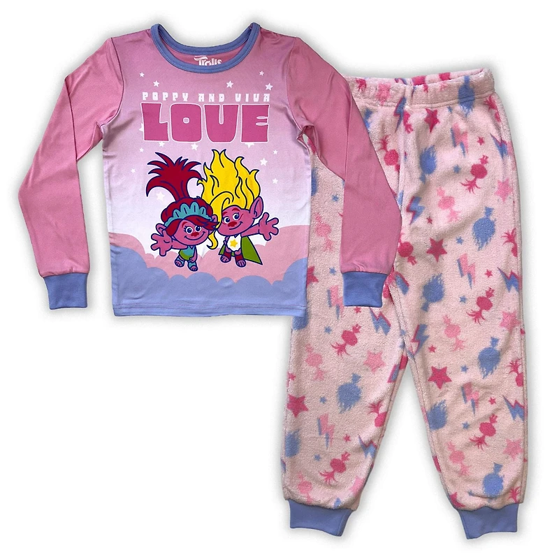 Trolls L'ensemble de pyjama 2 pièces pour filles comprend un haut à manches longues à col rond et un pantalon assorti sur toute la longueur avec une taille élastique