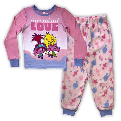 Trolls L'ensemble de pyjama 2 pièces pour filles comprend un haut à manches longues à col rond et un pantalon assorti sur toute la longueur avec une taille élastique