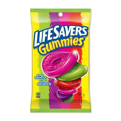 Lifesavers Gummies 5 Flavour 180g, LIFE SAVERS, Five Flavour Gummy Candy, Bag, 180g