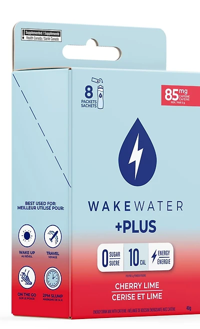 WakeWater +PLUS Mélange de boisson énergétique et électrolytique - Cerise et lime