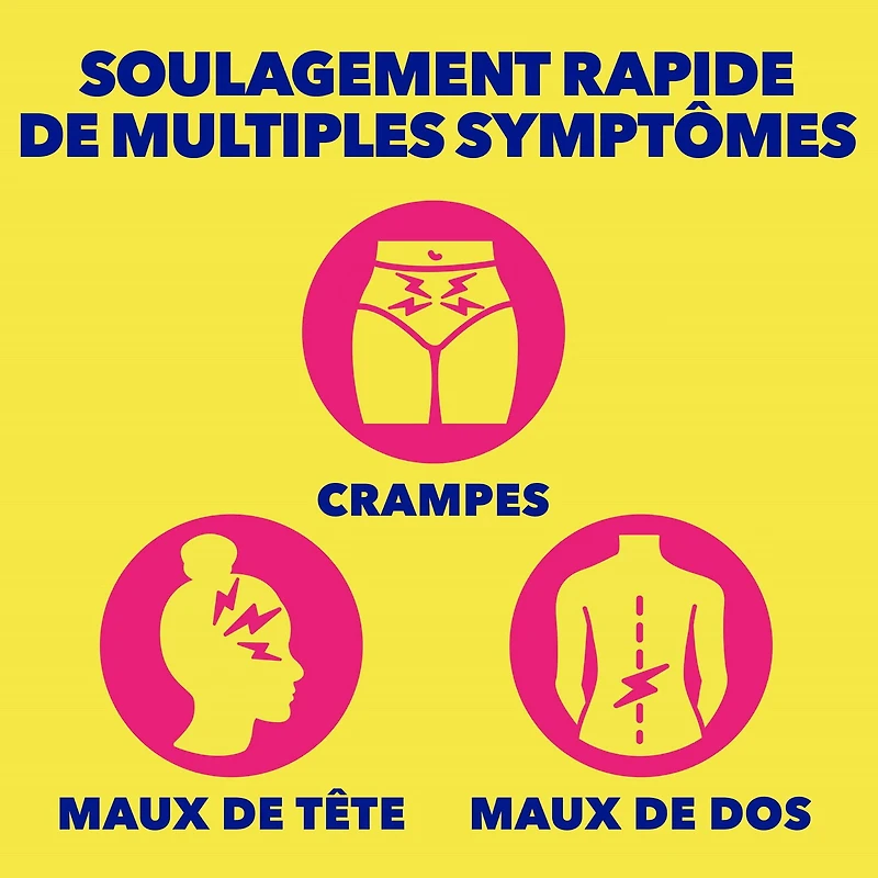 Midol formule complète offrant un soulagement rapide de la douleur associée aux multiples symptômes menstruels tels que les crampes, les maux de tête, les maux de dos et les ballonnements 40 caplets