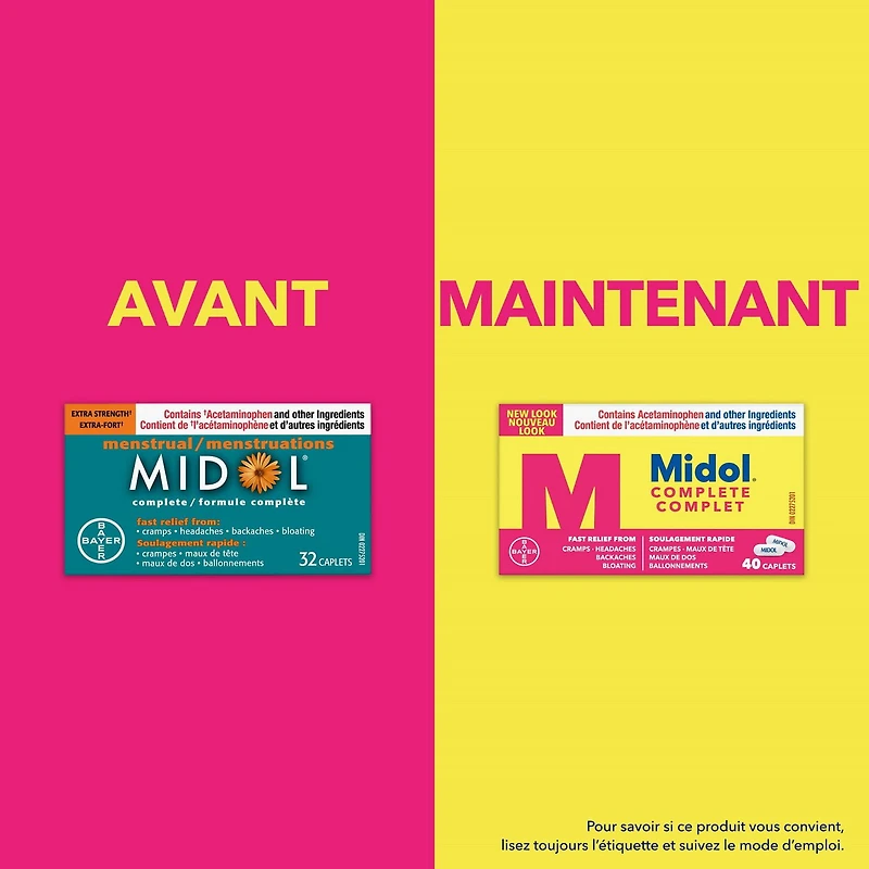 Midol formule complète offrant un soulagement rapide de la douleur associée aux multiples symptômes menstruels tels que les crampes, les maux de tête, les maux de dos et les ballonnements 40 caplets
