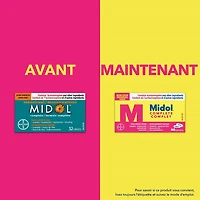 Midol formule complète offrant un soulagement rapide de la douleur associée aux multiples symptômes menstruels tels que les crampes, les maux de tête, les maux de dos et les ballonnements 40 caplets