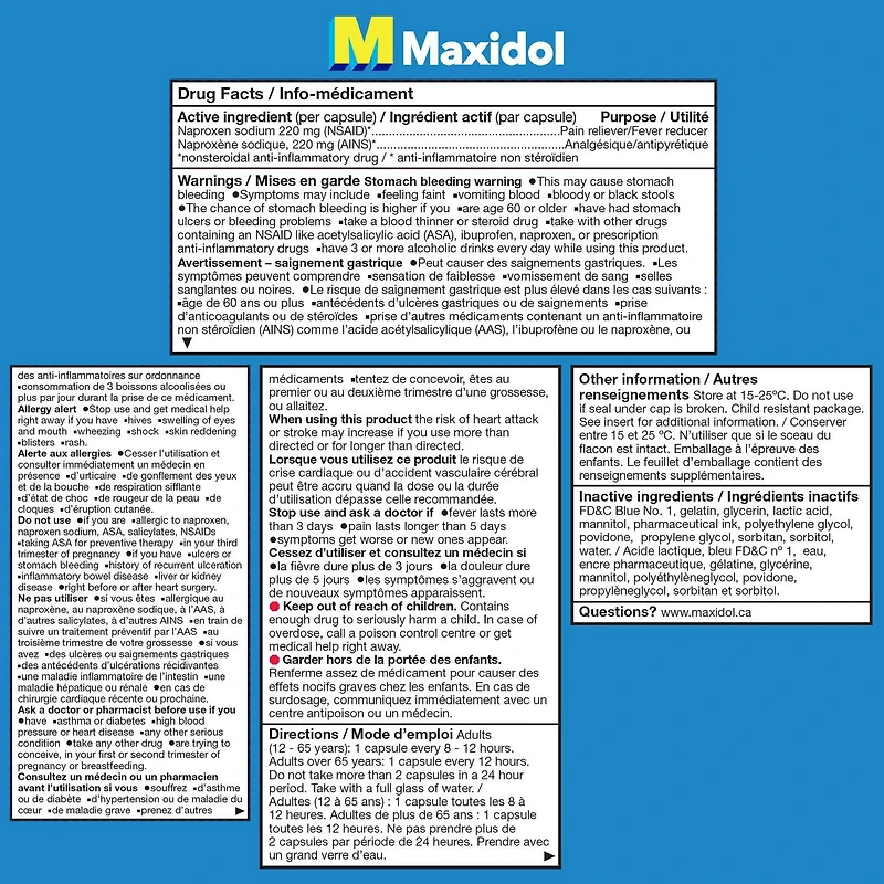 Maxidol Liquid Gels, Fast Relief of Pain such as Menstrual Cramps, Headaches, Backaches, Migraine Pain and Muscle Pain, 220mg Naproxen Sodium