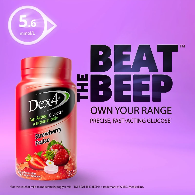 Dex4 Glucose Tablets – Strawberry Flavour – 50 Tablets per Bottle – Fast-Acting, Pre-Measured Glucose Tabs – Fat-Free, Gluten-Free, Sodium-Free