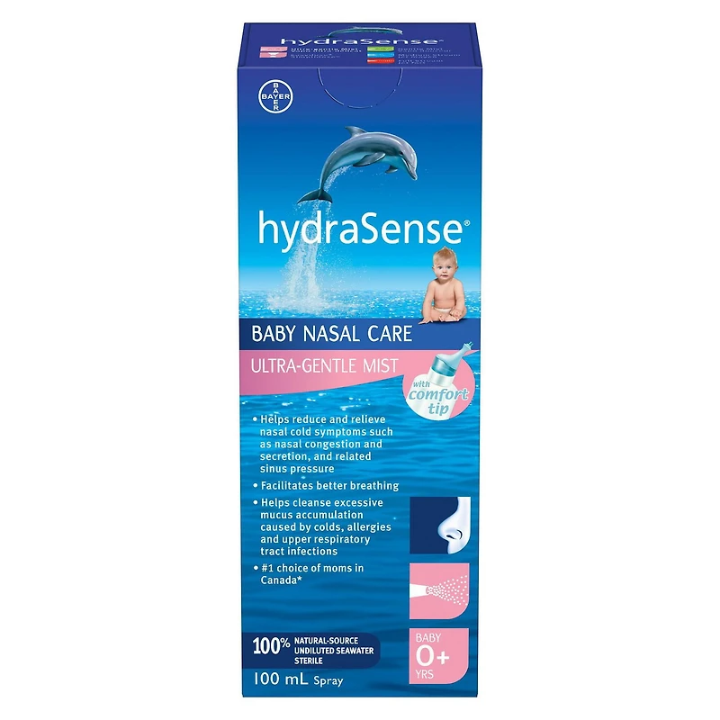 hydraSense Ultra-Gentle Mist Nasal Spray, Baby Nasal Care, Relieves Congested And Stuffy Noses, 100% Natural Source Seawater, Non-Medicated, Preservative-Free, Sterile, 100ml