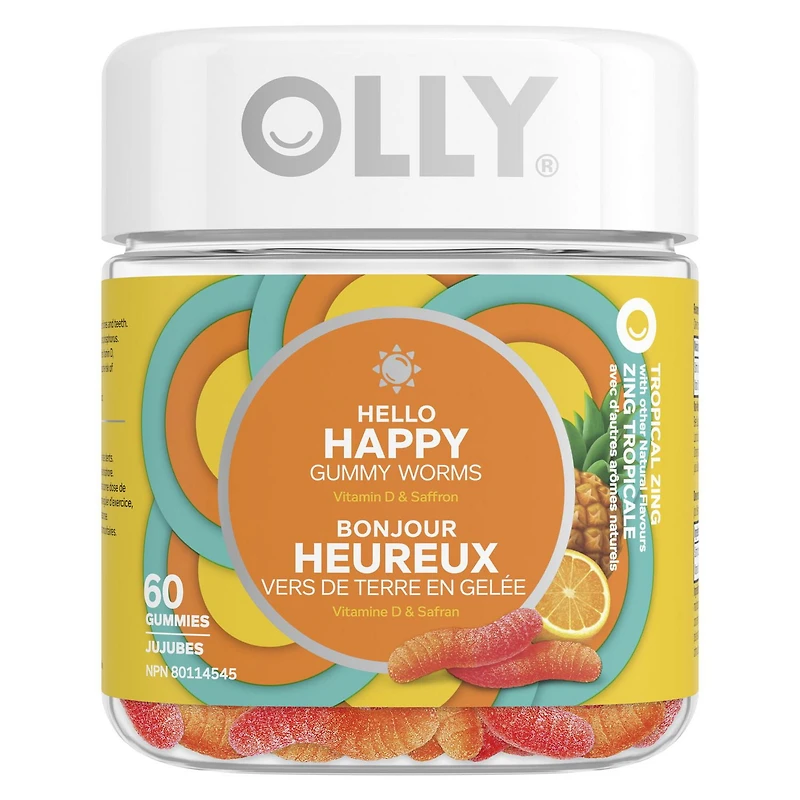OLLY Hello Happy Tropical Zing flavour Gummy Worm Supplement