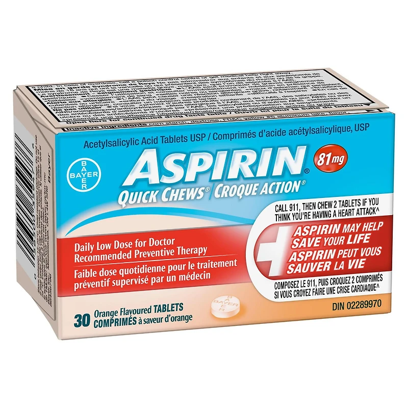 ASPIRIN 81mg, Daily Low Dose Quick Chews, Orange Flavour, 30 Count