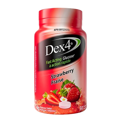 Dex4 Comprimés de Glucose - 50 comprimés par bouteille - Saveur fraise - Comprimés de glucose pré-mesurées à action rapide - Sans gras, sans gluten, sans sodium
