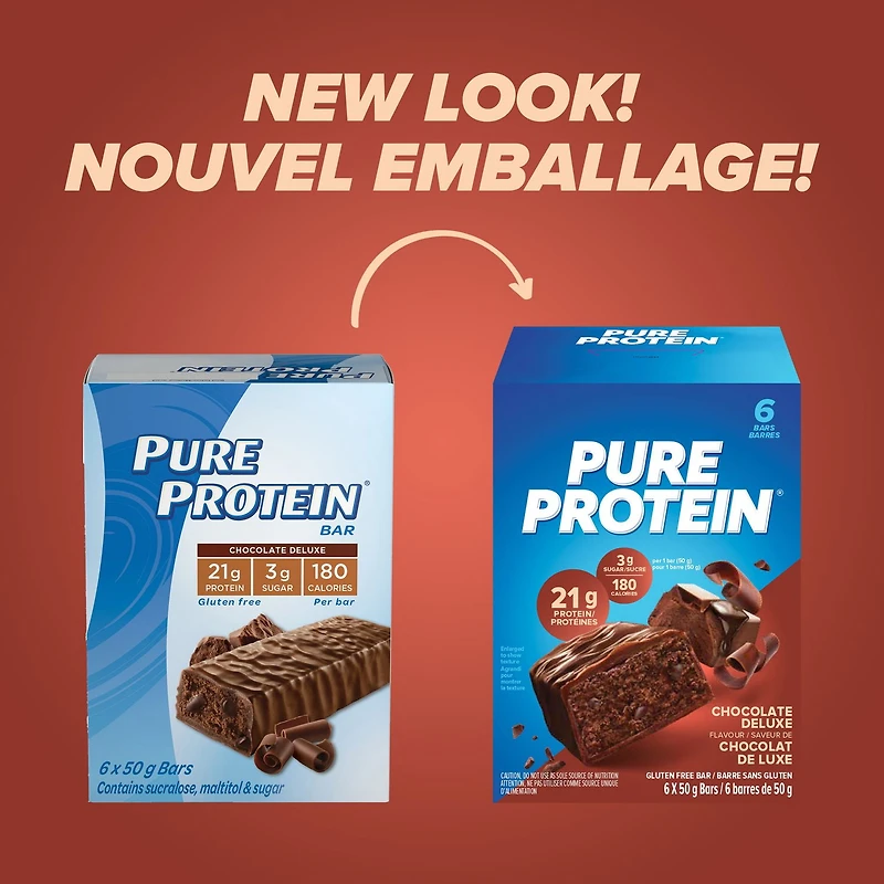 Pure Protein Chocolate Deluxe  Bars - High Protein Snack with Whey Blend, Low Sugar, Gluten Free, Made in Canada (Pack of 6), Chocolate whey protein bar
