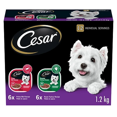 Nourriture En Tranches pour chiens adultes CESAR 6 X Saveur De Dinde RÔtie, 6 X Saveur De CÔte De BŒuf 12x100g