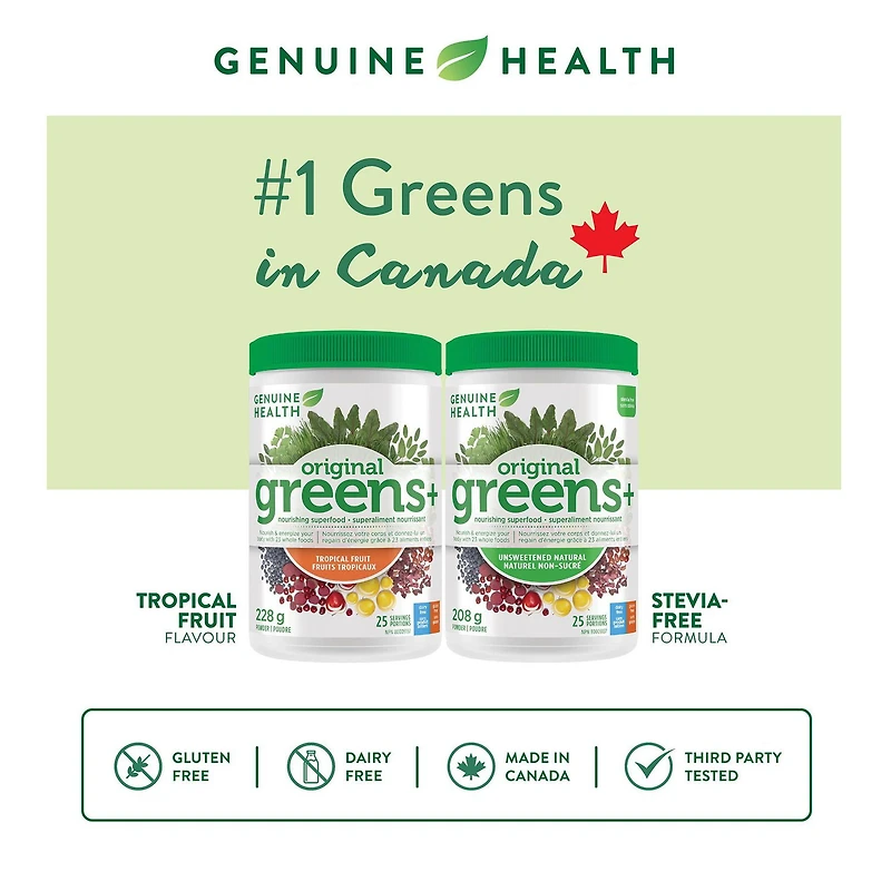 Genuine Health Greens+ Original Superfood Greens Powder Tropical Fruit flavour, 25 servings, 228g
