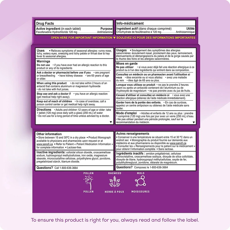 Allegra 24 heures, médicament contre les allergies, sans somnolence, rapide et efficace, soulage les éternuements, les larmoiements et les picotements de la gorge, chlorhydrate de fexofénadine 120 mg, 80 comprimés, format économique