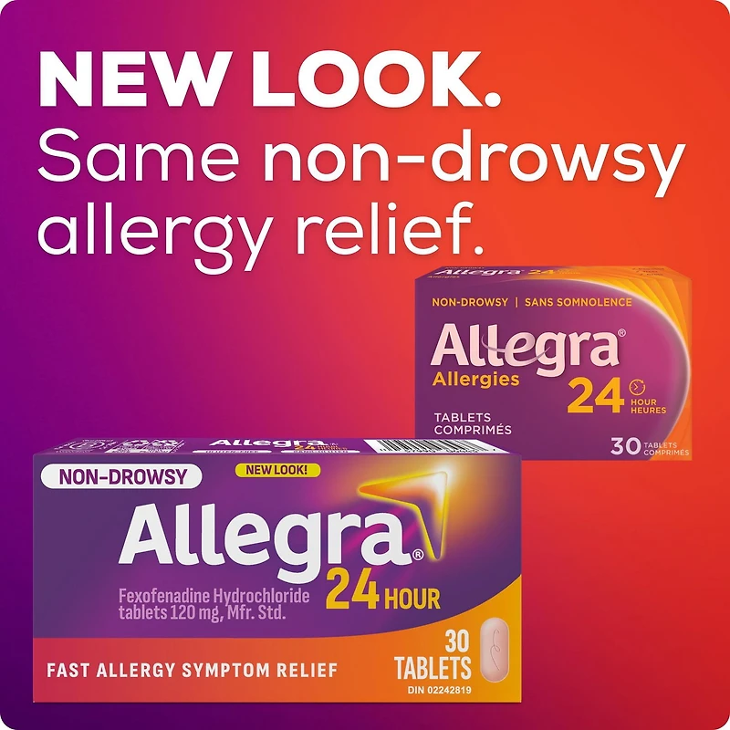 Allegra 24 heures, médicament contre les allergies, sans somnolence, rapide et efficace, soulage les éternuements, les larmoiements et les picotements de la gorge, chlorhydrate de fexofénadine 120 mg, 30 comprimés