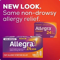 Allegra 24 heures, médicament contre les allergies, sans somnolence, rapide et efficace, soulage les éternuements, les larmoiements et les picotements de la gorge, chlorhydrate de fexofénadine 120 mg, 30 comprimés