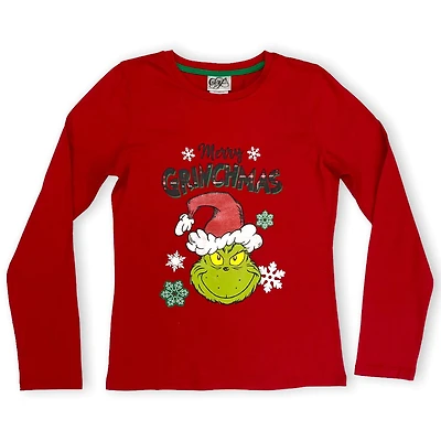 The Grinch Tee shirt fille. Ce t-shirt à manches longues pour filles avec équipage peut être porté comme un haut décontracté amusant et