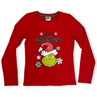 The Grinch Tee shirt fille. Ce t-shirt à manches longues pour filles avec équipage peut être porté comme un haut décontracté amusant et