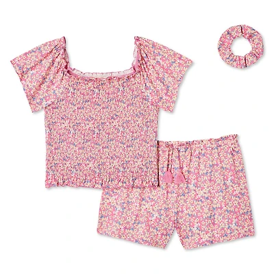 Btween Girls' Smocked Top, Short, and Scrunchie 3-Piece Set