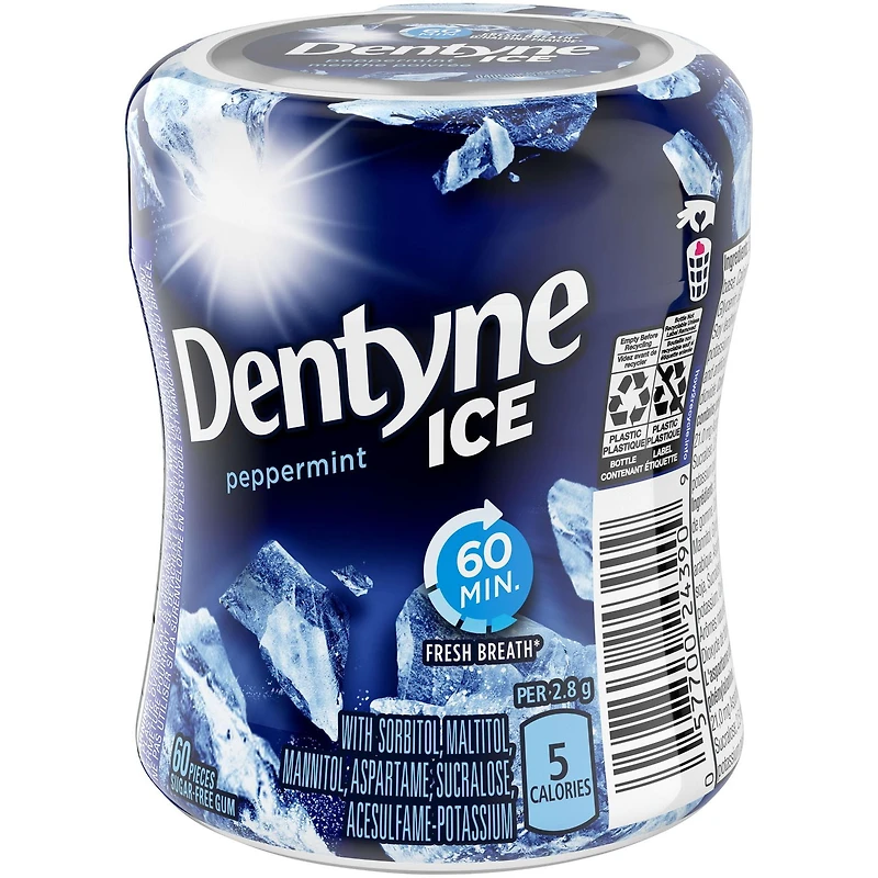 Dentyne Ice Peppermint, Sugar Free Gum, 60 pieces, 1 Bottle