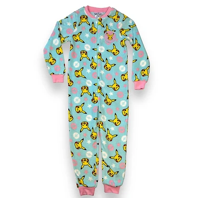 Pokemon Girls plush onesie with crew neck and long sleeves has elastic cuff at the wrists and and ankles for added comfort to keep onesie from riding up and has zipped closure