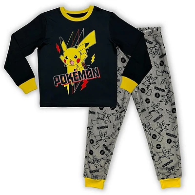Pokemon Boys 2 pc pajama set, includes long sleeve top with crew neck and cuffs with elastic band at th wrist it is a  pull on closure, with long pants with elastic waist and ankles